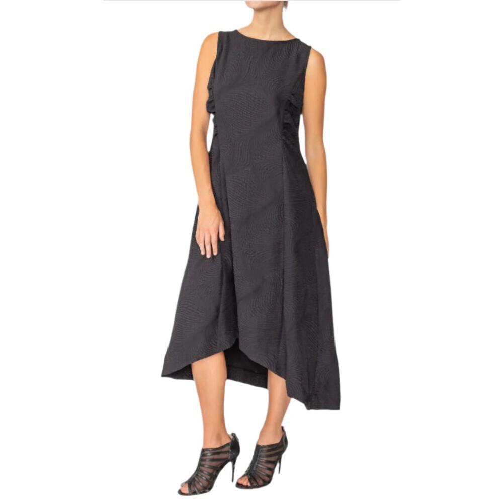 IC Collection Black Textured Fit Flare Midi Dress XL Hanky Hem NWT USA Made
